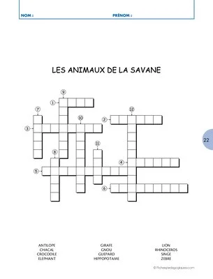 Mots croisés des animaux