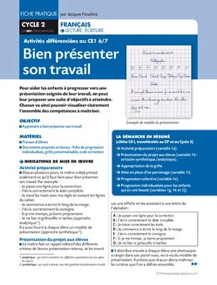 Activités différenciées au CE1. Bien présenter son travail