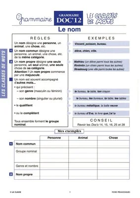 Les classes de mot. Grammaire CM
