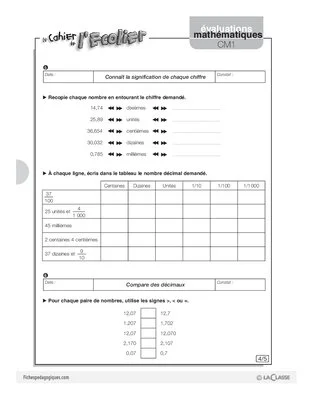 Evaluations mathématiques Cycle 3 (3) / Les nombres décimaux