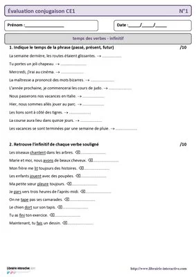 Évaluation bilan conjugaison CE1