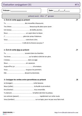 Évaluation bilan conjugaison CE1