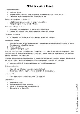 Le Taboo (CP/CE1/CE2/CM1/CM2/SEGPA)