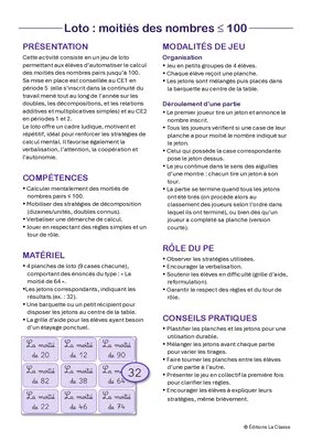 Loto de calcul mental moitié des nombres pairs ≤ 100