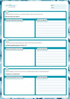 Problèmes CM1 de la rentrée : exercices d'additions et de soustractions