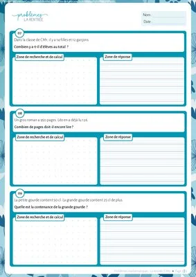 Problèmes CM1 de la rentrée : exercices d'additions et de soustractions