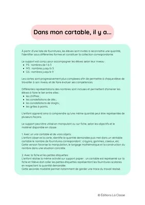 Dans mon cartable : activité de maths pour jouer avec les petites quantités