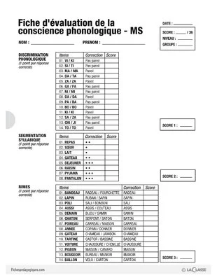 La conscience phonologique (1) / Test d'évaluation MS