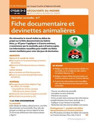 Opération coccinelles (6) Fiche documentaire et devinettes animalières