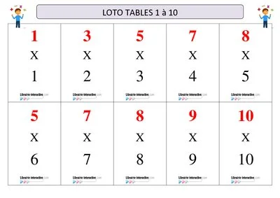 Loto tables multiplication 1 à 10