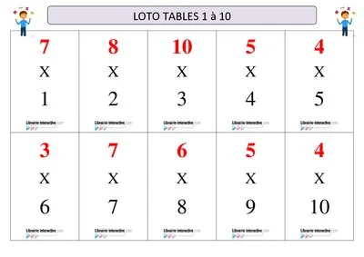 Loto tables multiplication 1 à 10