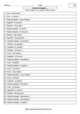 Évaluation conjugaison Cycle 3