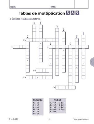Mots croisés des tables de multiplication