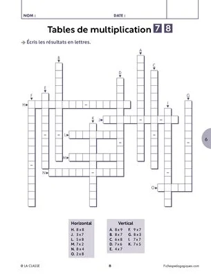 Mots croisés des tables de multiplication