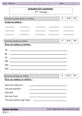 Evaluations de maths CE1 - 3ème trimestre