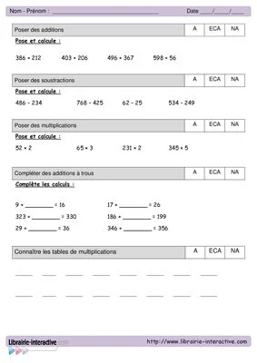 Evaluations de maths CE1 - 3ème trimestre