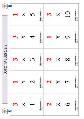 Loto tables multiplication 1 à 3