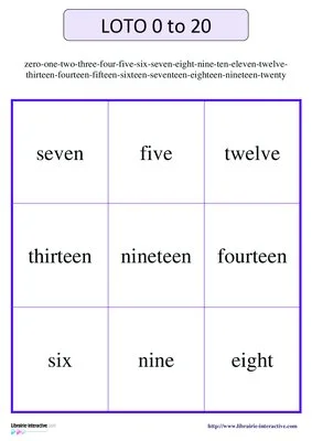 Loto 1 à 20 en anglais