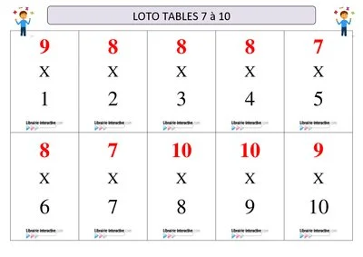 Loto tables multiplication 7 à 10