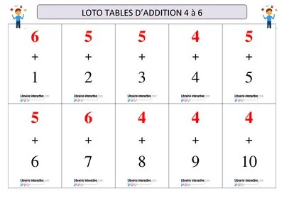 Loto tables d'addition 4 à 6