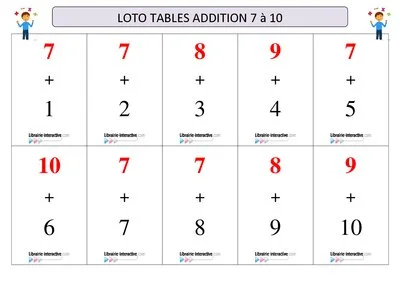 Loto tables d'addition 7 à 10