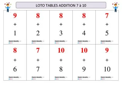 Loto tables d'addition 7 à 10