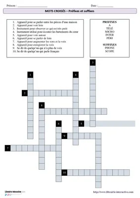 Mots croisés - préfixes et suffixes